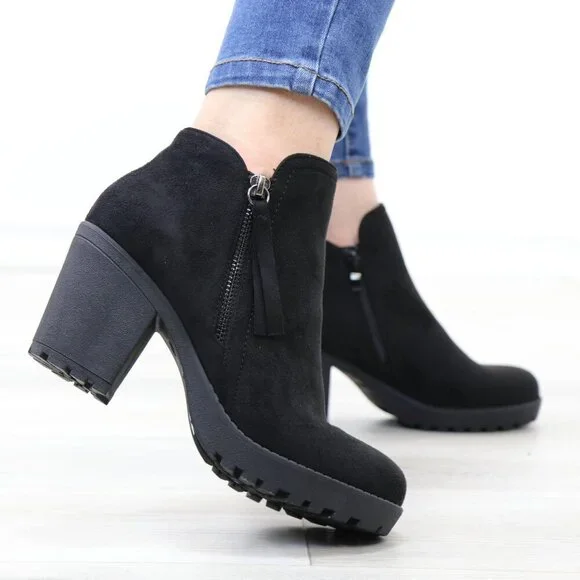 Black Chunky Heel Ankle Boots Suede Lug High Heel Booties - Picture 4 of 15